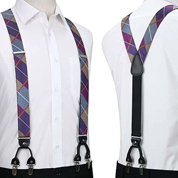 Plaid Suspender Bow Tie Handkerchief - BURGUNDY