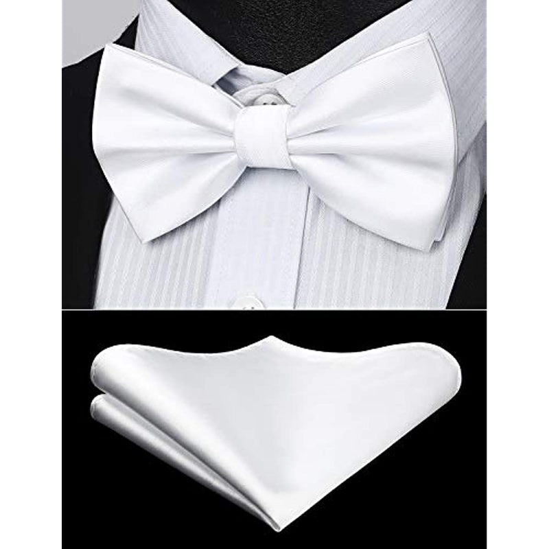 Solid Pre-Tied Bow Tie & Pocket Square - W-PURE WHITE