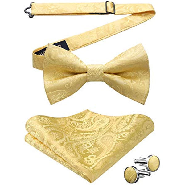 Floral Paisley Pre-Tied Bow Tie Handkerchief Cufflinks - 3-YELLOW