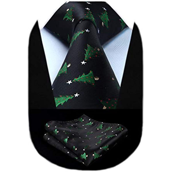 Christmas Tie Handkerchief Set - 07-BLACK/GREEN