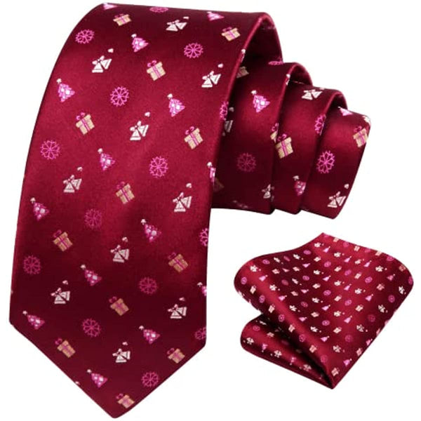 Christmas Tie Handkerchief Set - 03-BURGUNDY/WHITE/PINK