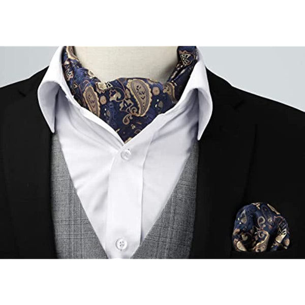 Paisley Floral Ascot Handkerchief Set - A-NAVY BLUE/GOLD
