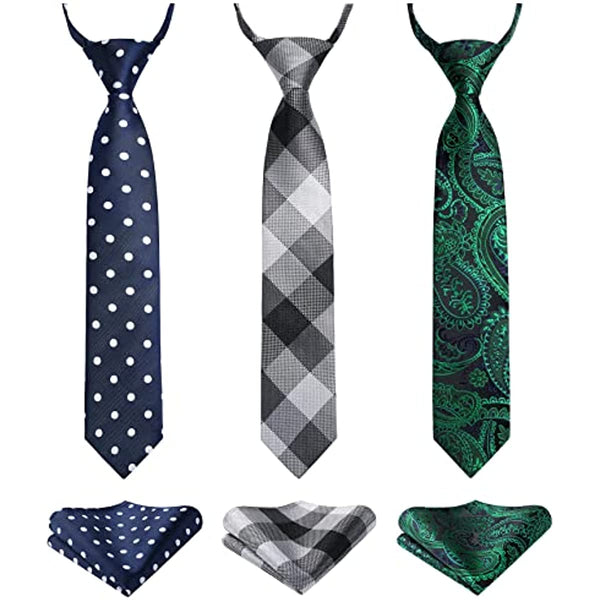 3PCS 13" Boy's Pre-Tied Necktie Handkerchief Set - T3E014B