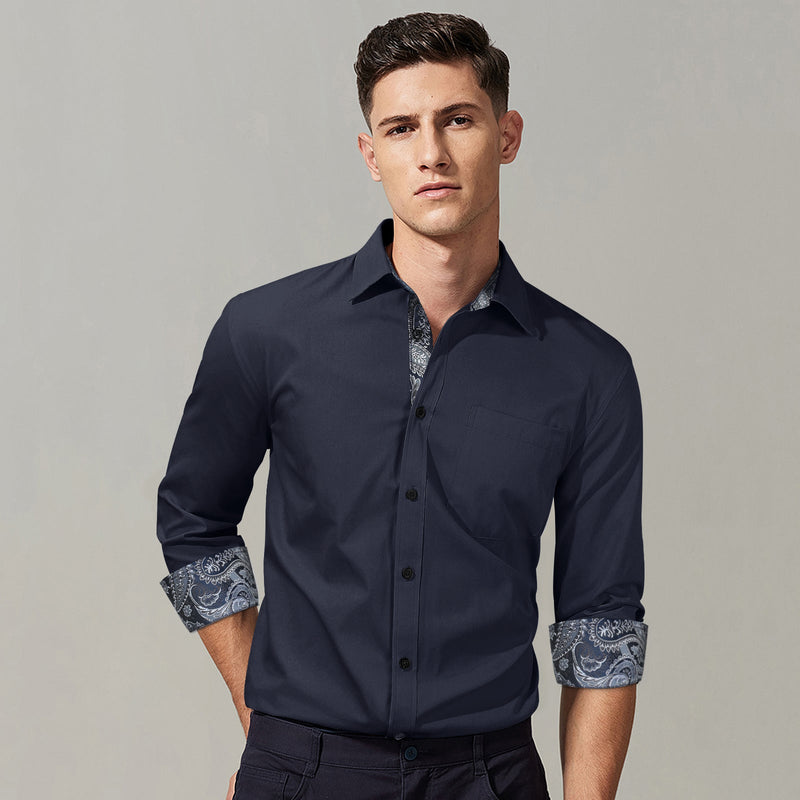 Casual Formal Shirt with Pocket - 16-NAVY BLUE/PAISLEY