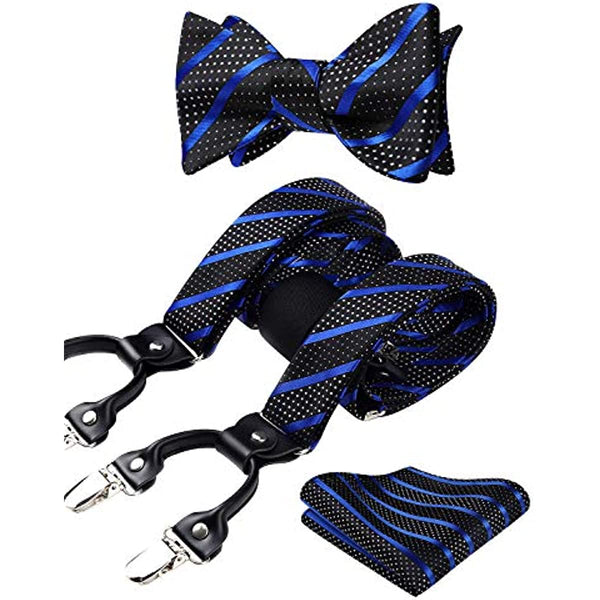 Stripe Suspender Bow Tie Handkerchief - BLACK/NAVY BLUE