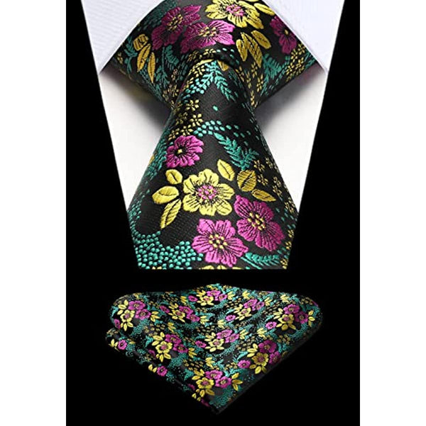 Floral Tie Handkerchief Set - X-PURPLE YELLOW