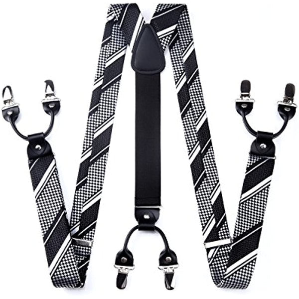 Paisley Floral Suspender Bow Tie Handkerchief - BLACK/WHITE
