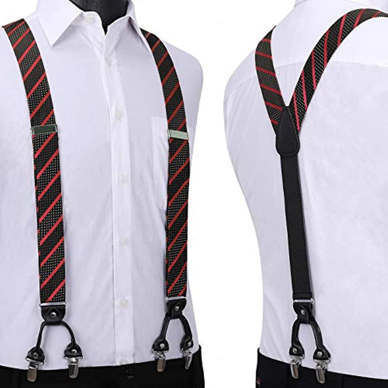 Stripe Suspender Pre-Tied Bow Tie Handkerchief - B1-RED / BLACK
