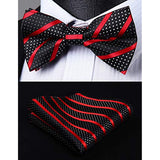 Stripe Suspender Pre-Tied Bow Tie Handkerchief - B1-RED / BLACK