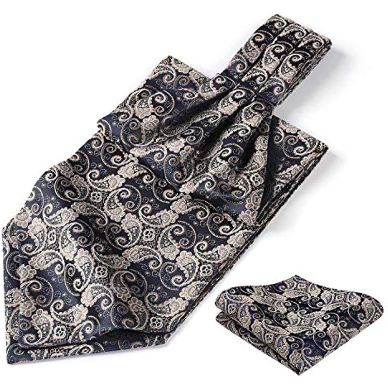 Paisley Ascot Handkerchief Set - A-NAVY BLUE PAISLEY