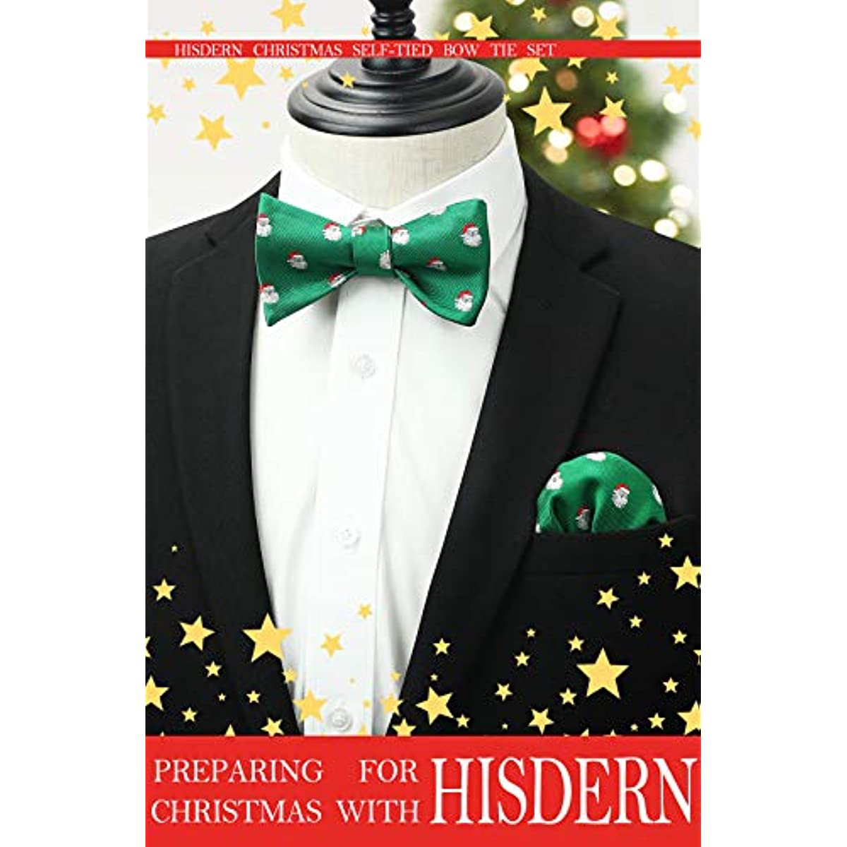 Christmas Bow Tie & Pocket Square - B1-GREEN-SANTA CLAUS