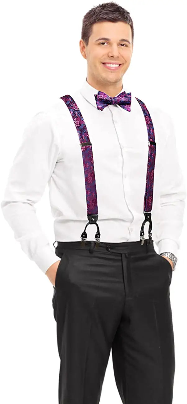 Floral Paisley Suspender Bow Tie Handkerchief 8 Purple Pink
