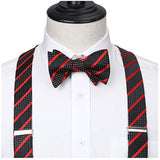 Stripe Suspender Bow Tie Handkerchief - RED/BLACK