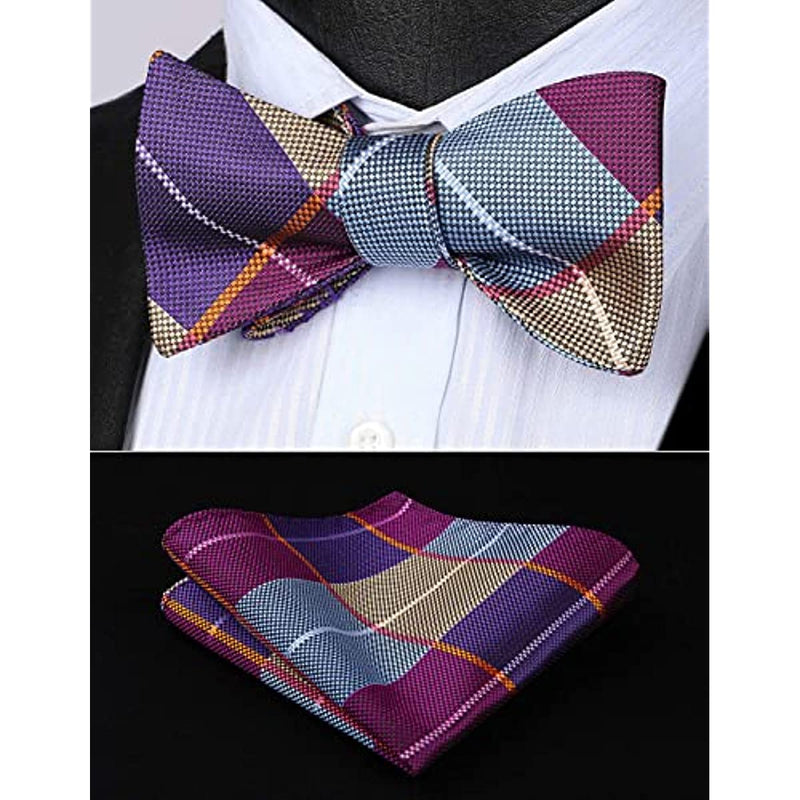 Plaid Suspender Bow Tie Handkerchief - BURGUNDY