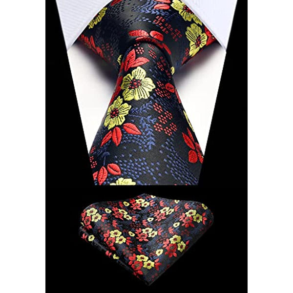 Floral Tie Handkerchief Set - X-GREEN RED