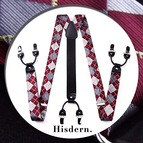 Plaid Suspender Pre Tied Bow Tie Handkerchief B11 Red