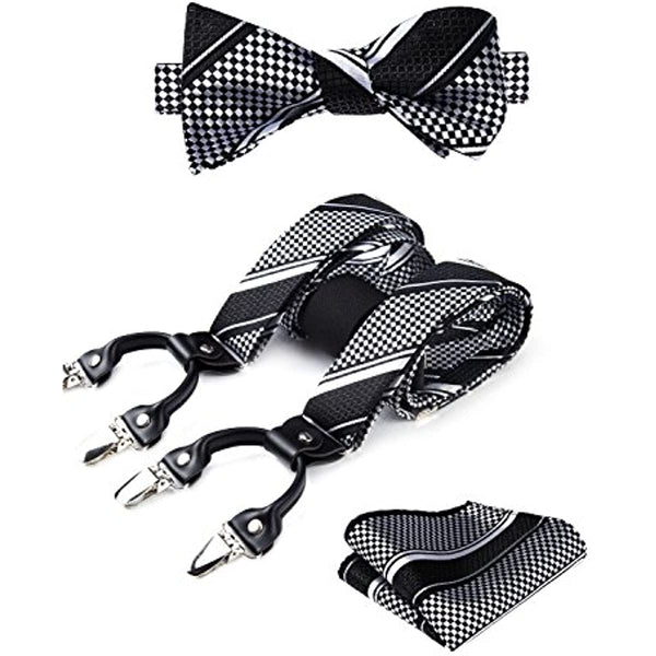 Paisley Floral Suspender Bow Tie Handkerchief - BLACK/WHITE