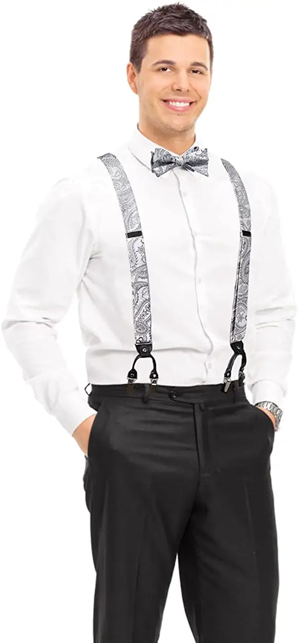 Floral Paisley Suspender Bow Tie Handkerchief 3 Silver Gray