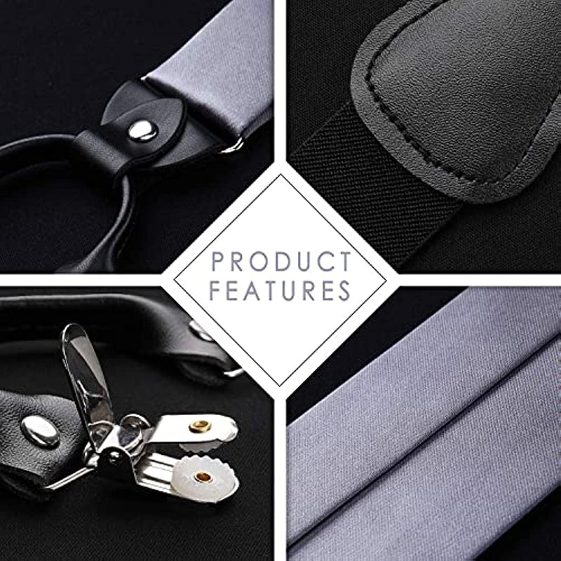 Solid Suspender Pre-Tied Bow Tie Handkerchief - A10-GREY