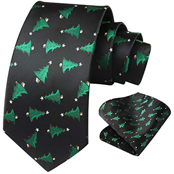 Christmas Tie Handkerchief Set - 07-BLACK/GREEN