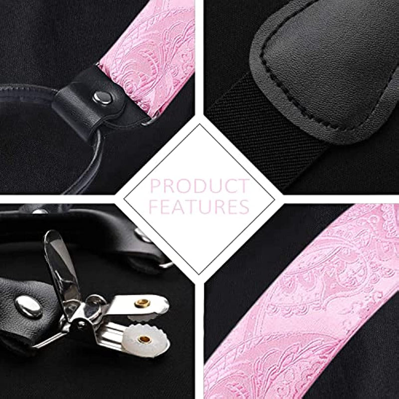 Paisley Floral Suspender Pre-Tied Bow Tie Handkerchief - C8-PINK