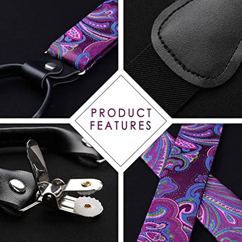 Paisley Floral Suspender Pre-Tied Bow Tie Handkerchief - D10-PRUPLE/PINK