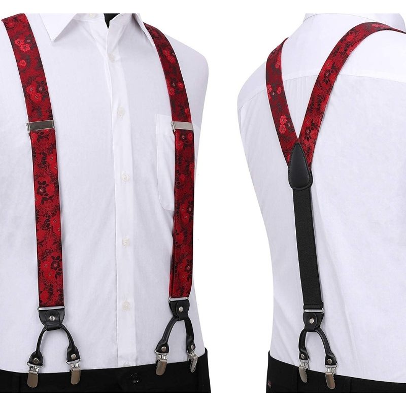 Floral Paisley Suspender Bow Tie Handkerchief 2 Red Black 01