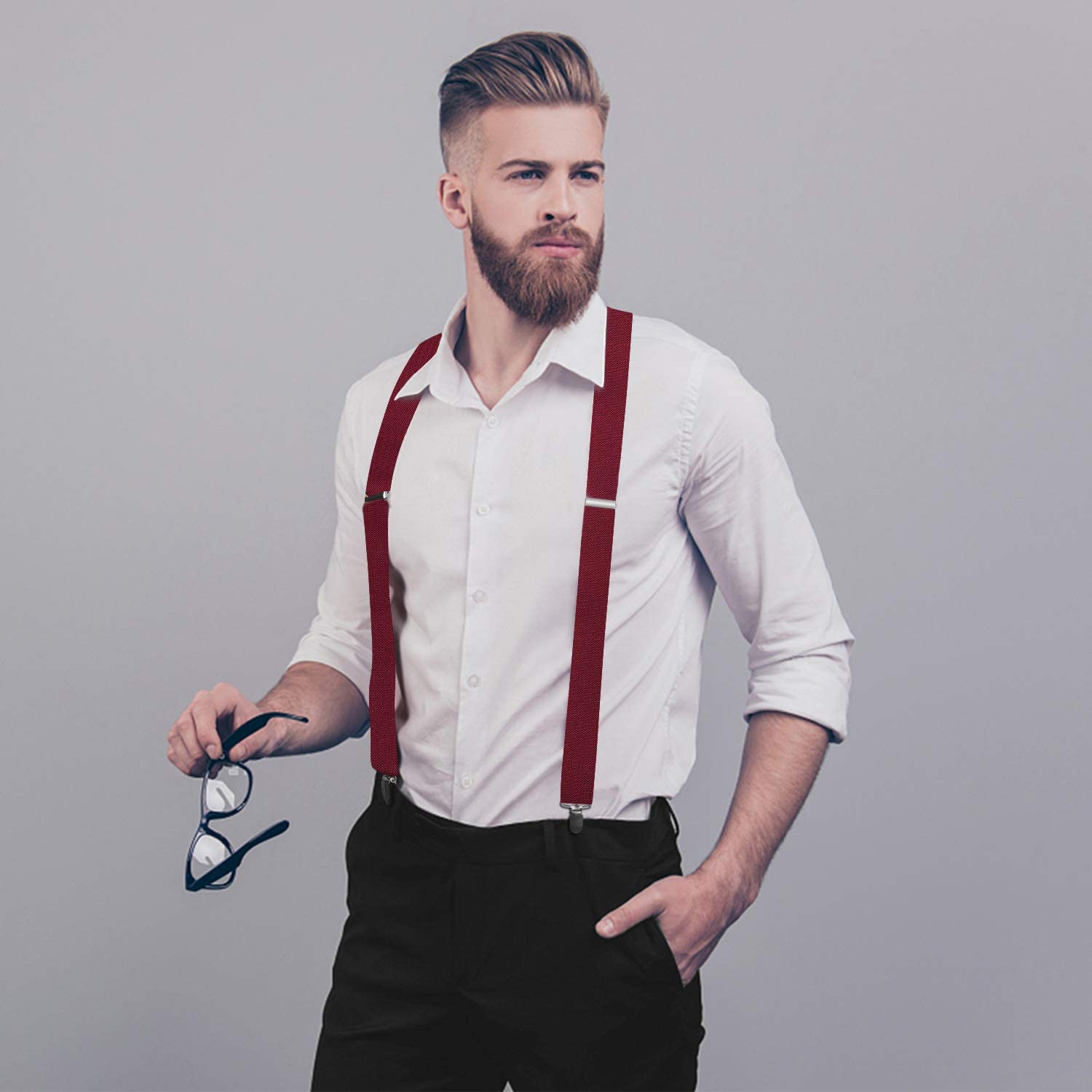 X Shaped Adjustable Suspender With 4 Clips Maroon