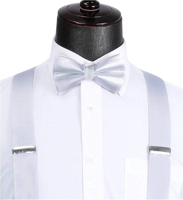 Solid Suspender Pre Tied Bow Tie Handkerchief A7 Silver