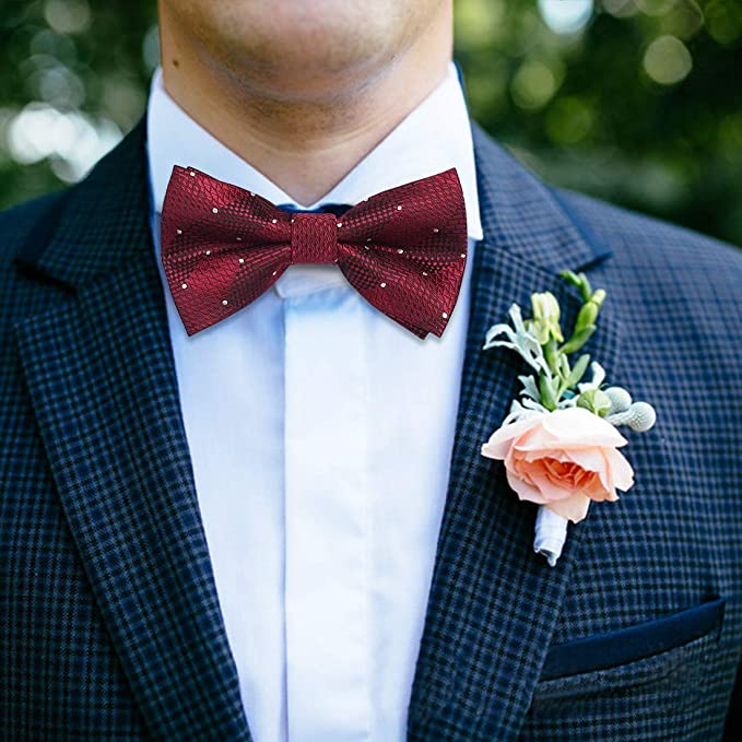Plaid Pre-Tied Bow Tie & Pocket Square - 3-BURGUNDY / WHITE