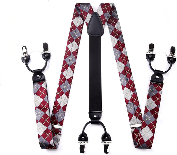 Plaid Suspender Bow Tie Handkerchief Burgundy Gray