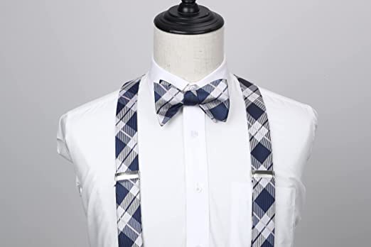 Plaid Suspender Bow Tie Handkerchief Blue White