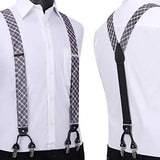 Plaid Suspender Pre Tied Bow Tie Handkerchief B6 Grey Pink
