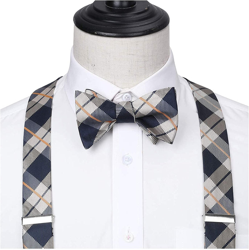 Plaid Suspender Bow Tie Handkerchief Blue Beige
