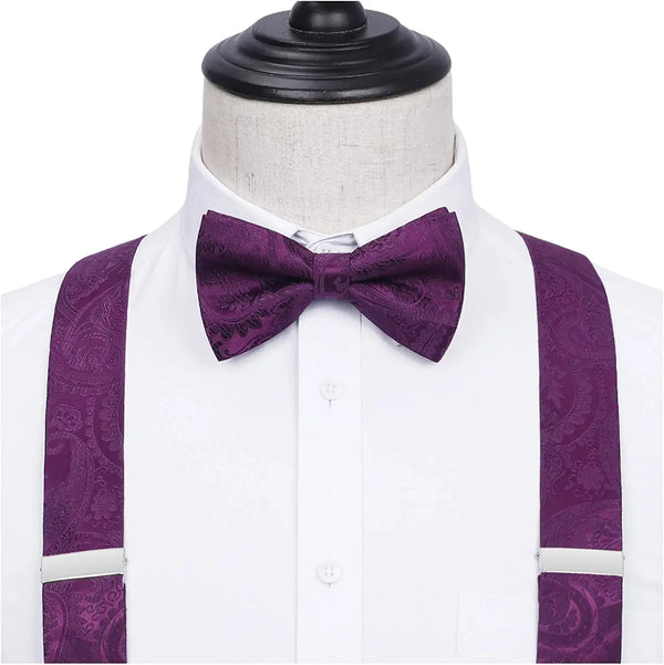 Floral Paisley Suspender Pre Tied Bow Tie Handkerchief C5 Purple Plum