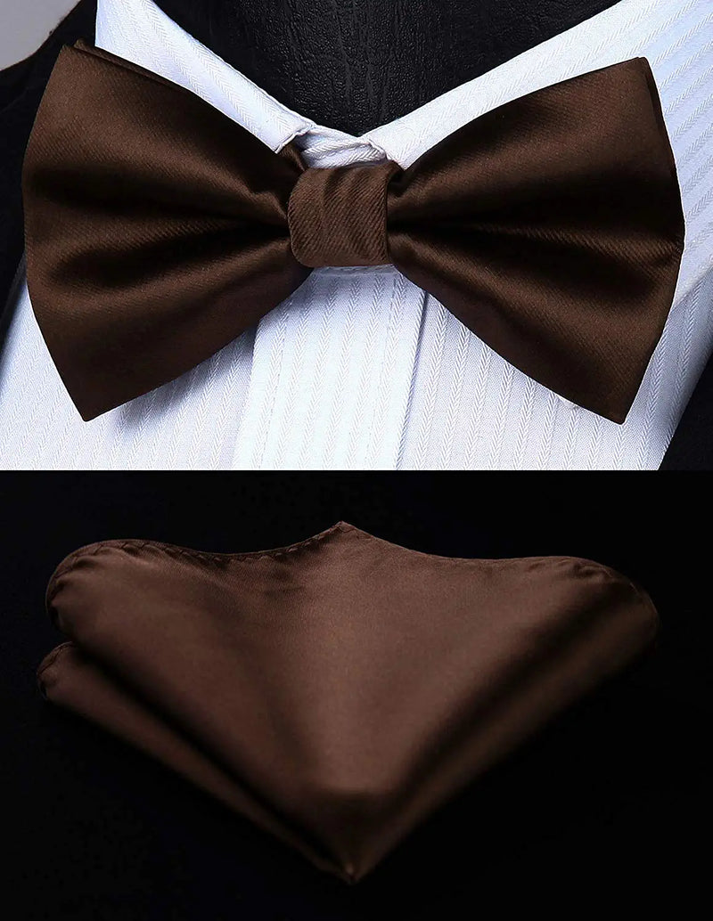 Solid Suspender Pre Tied Bow Tie Handkerchief A8 Brown