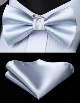 Solid Suspender Pre Tied Bow Tie Handkerchief A7 Silver