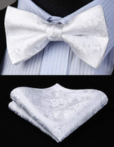 Paisley Floral Suspender Pre Tied Bow Tie Handkerchief A5 White