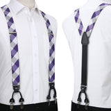 Plaid Suspender Bow Tie Handkerchief Purple White