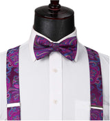 Floral Paisley Suspender Pre Tied Bow Tie Handkerchief A8 Pruple Pink