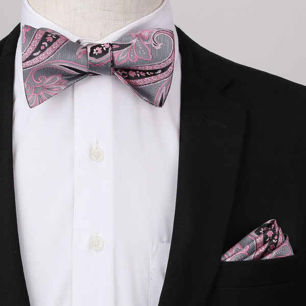 Paisley Floral Suspender Pre-Tied Bow Tie Handkerchief - B3-PINK/GRAY
