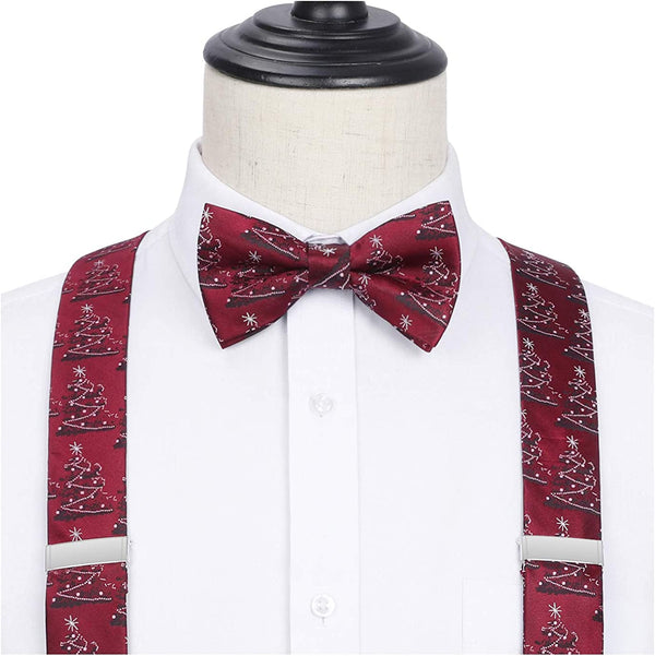 Christmas Suspender Pre Tied Bow Tie Handkerchief 02 Burgundy White