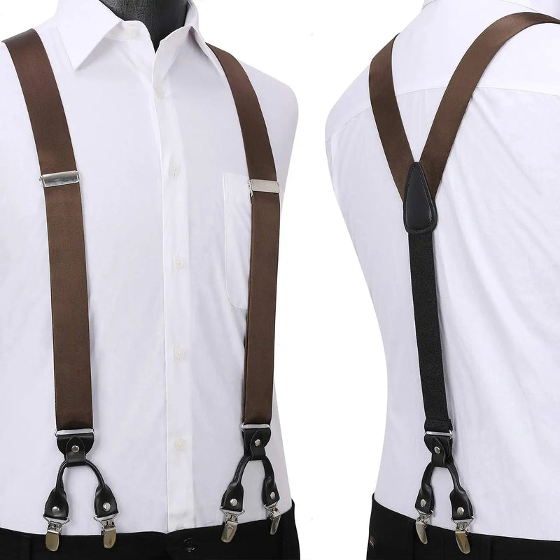 Solid Suspender Pre Tied Bow Tie Handkerchief A8 Brown