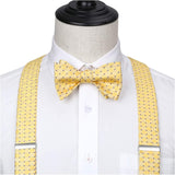Plaid Suspender Bow Tie Handkerchief Yellow Purple Dot