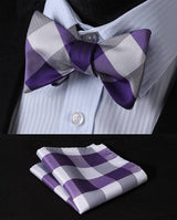 Plaid Suspender Bow Tie Handkerchief Purple White