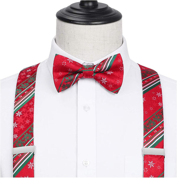 Christmas Suspender Pre Tied Bow Tie Handkerchief 01 Red Green White