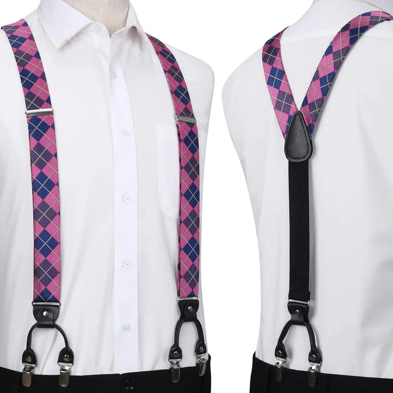 Plaid Suspender Bow Tie Handkerchief Hot Pink Blue