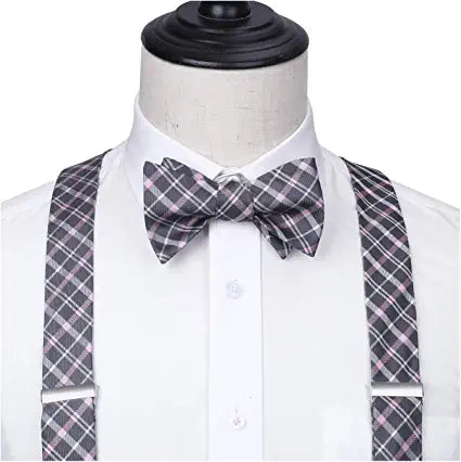 Plaid Suspender Bow Tie Handkerchief Pink Gray