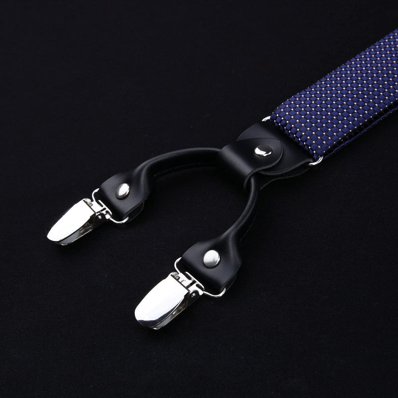 Plaid Suspender Pre Tied Bow Tie Handkerchief Navy Blue