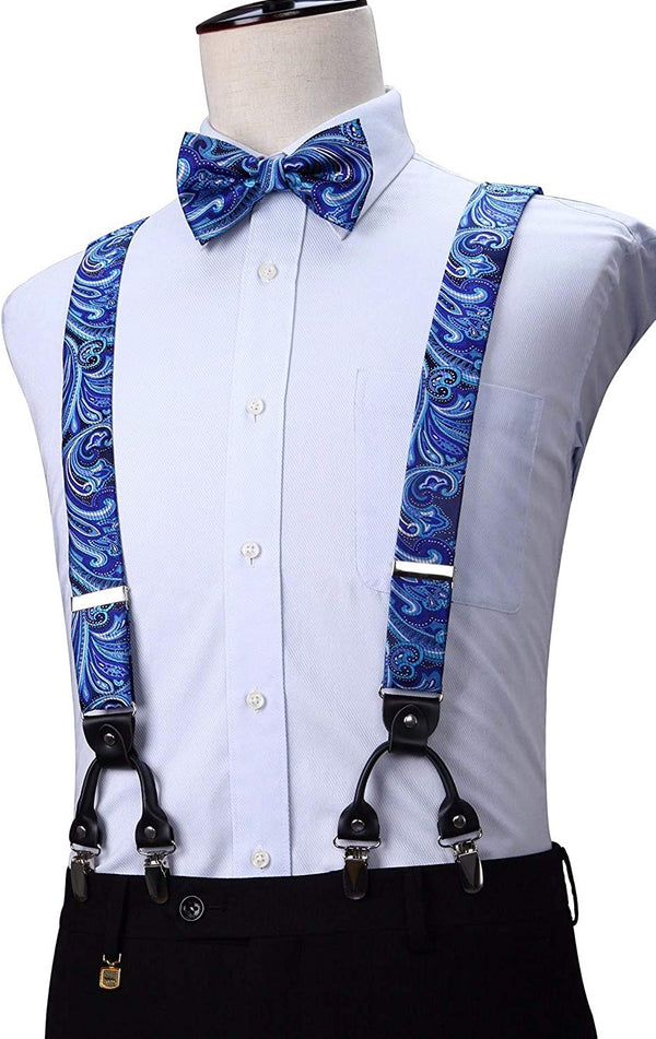 Floral Paisley Suspender Pre Tied Bow Tie Handkerchief B10 Blue White